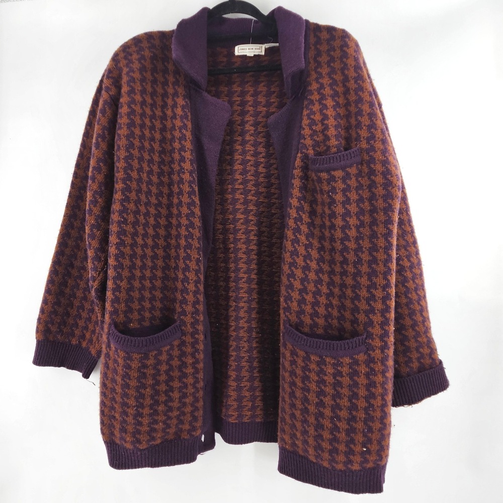 VTG Jones New York Grandpa Houndstooth Cardigan Sweater L Preppy Indie Academia